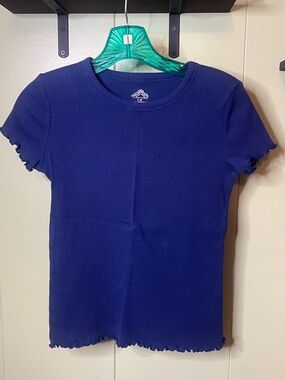 Ribbed Navy Short Sleeve Tee with Lettuce-Edge